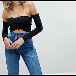 NWT Missguided Bardot Long Sleeve Knot Crop Top